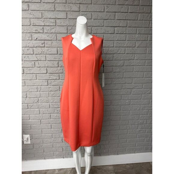 Calvin Klein Women Orange Sleeveless Notched Neckline Sheath Dress Size 12P - Picture 2 of 10